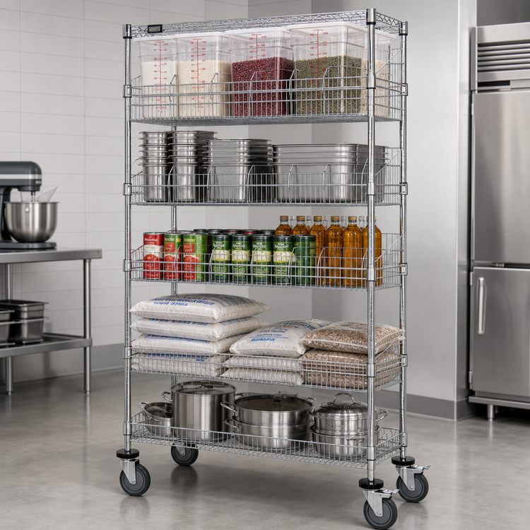 Product image #3 for Quantum Post Basket Cart, 36 x 24 x 80 Inches, Chrome Plated, 1,200 lb. Capacity