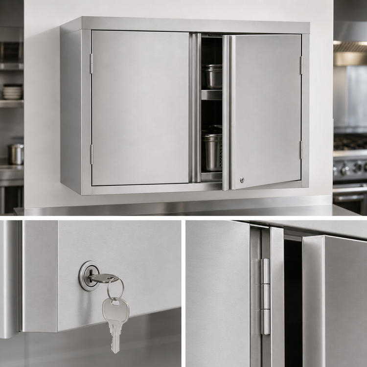 Product image #3 for BK Resources 48-Inch Wall-Mounted Stainless Steel Wall Cabinet with Hinged Locking Doors