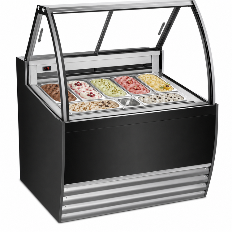 Product image #3 for Omcan 41-Inch Black 7-Pan Gelato Display Showcase with Curved Glass, LED Lighting, and Sliding Rear Doors