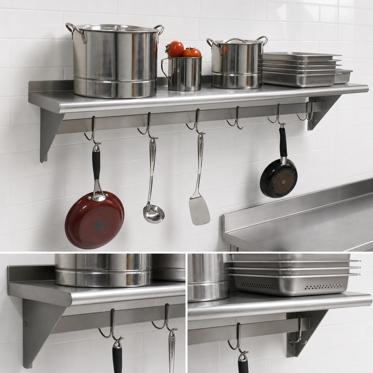 Product image #3 for Advance Tabco Wall-Mounted Shelf with Pot Rack, 144 Inch W x 18 Inch D, Stainless Steel