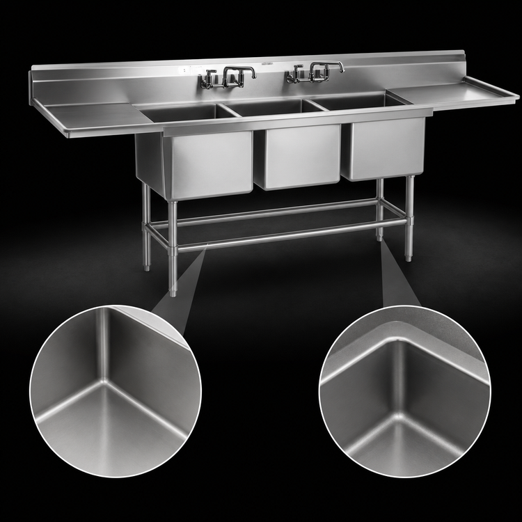 Product image #3 for Eagle Spec-Master FN Series Coved Corner Three-Compartment Sink with Dual 24-Inch Drainboards