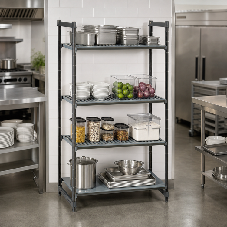 Product image #3 for Cambro Camshelving Basics Plus 4-Tier Stationary Starter Unit, 18 x 36 x 64 Inches, 3 Vented + 1 Solid, Brushed Graphite