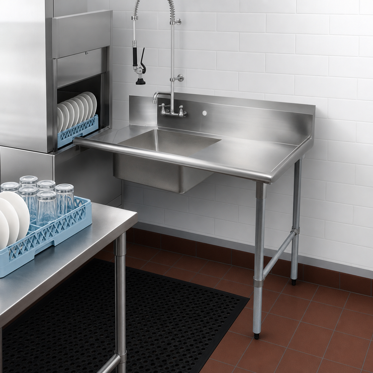 Product image #3 for BK Resources Heavy Duty Straight Soiled Dish Table with Pre-Rinse Sink, 36 Inch, Right-to-Left, 16/304 Stainless Steel, 10 Inch Backsplash