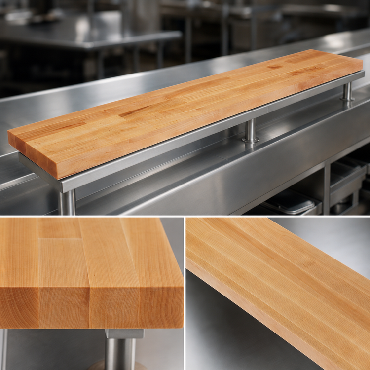 Product image #3 for John Boos 72 Inch x 10 Inch Edge Grain Northern Hard Rock Maple Steam Table Cutting Board with Adjustable Stainless Steel Supports