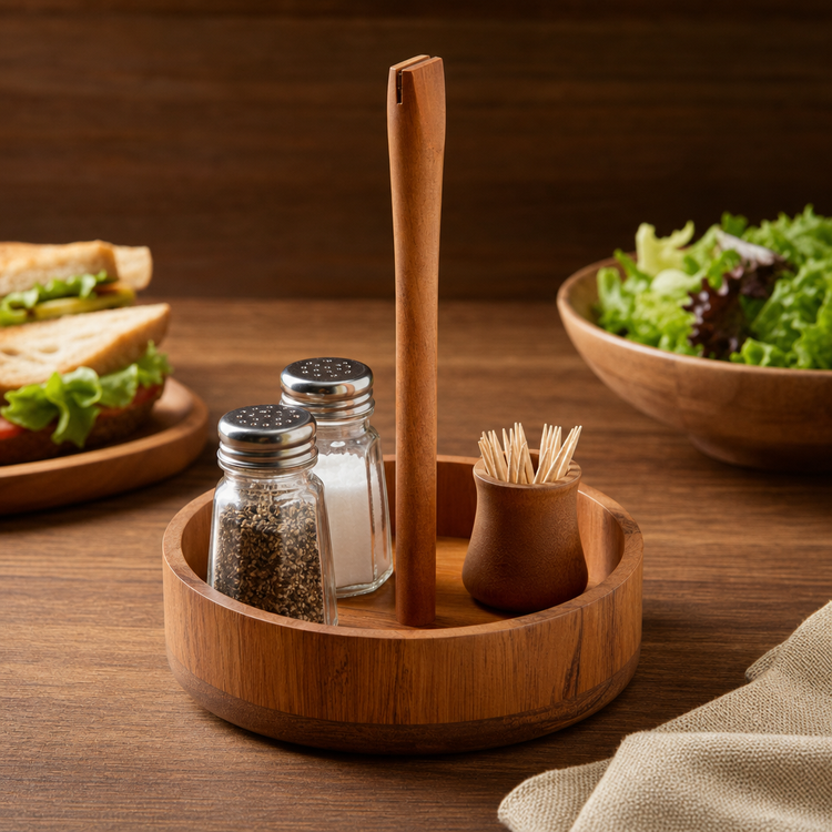 Product image #4 for American Metalcraft Loft Collection Acacia Wood Condiment Caddy, 7-1/4 Inch Diameter