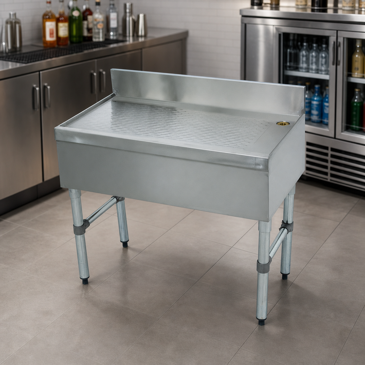 Product image #3 for Advance Tabco Underbar Basics Free-Standing Stainless Steel Underbar Drainboard, 12" x 21" x 33", 4" Backsplash
