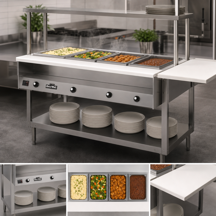 Product image #3 for Vollrath ServeWell 4-Well Hot Food Table with Sealed Wells, Open Shelf Base, Plate Shelf and Cutting Board