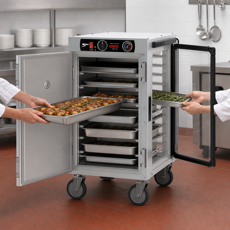 Product image #4 for Metro HotBlox Narrow 8-Pan Pass-Thru Mobile Insulated Holding Cabinet, Analog, Solid Front Door/Clear Rear Door, 120V
