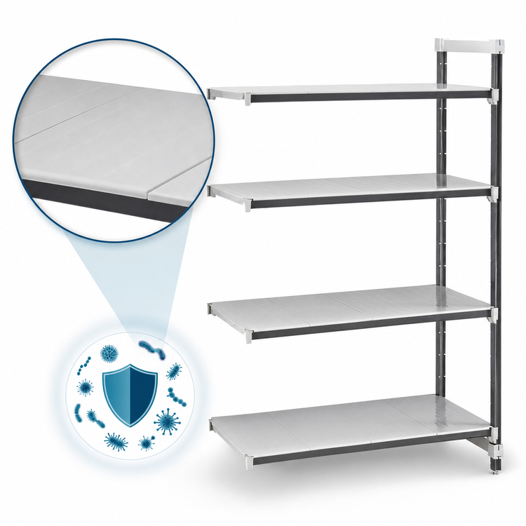 Product image #3 for Cambro Camshelving Elements XTRA 4-Tier Stationary Add-On Polymer Shelving Unit, 18 x 72 x 72 Inches, Solid, Speckled Gray
