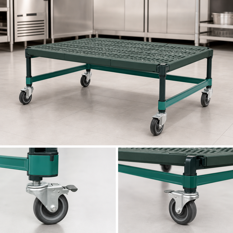 Product image #3 for QuadPlus Mobile Dunnage Rack with 3-Sided Frame and Louvered Polypropylene Mat, 60 x 21 x 14 Inches, 800 lb. Capacity, Green Epoxy Finish