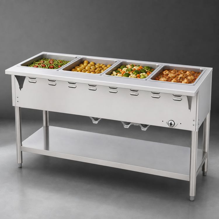 Product image #3 for Aerohot Wet Bath Gas Steam Table with 4-Pan Open Water Bath, Stainless Steel Top, and Open Base with Undershelf