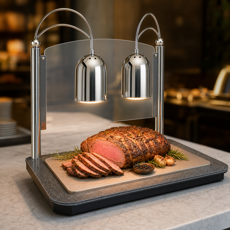 Product image #3 for Hatco Decorative Freestanding Carving Station with Heated Stone Base, 2 Heat Lamps, Sneeze Guard, and 36 x 24 Cutting Board