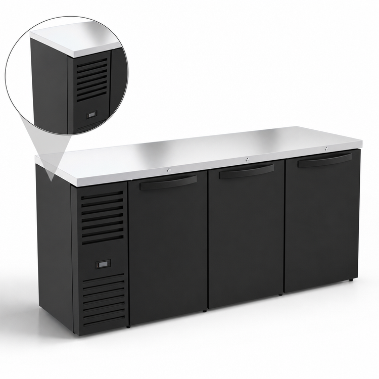 Product image #3 for 72-Inch Three-Section Refrigerated Back Bar Cooler with Solid Hinged Locking Doors and Stainless Steel Countertop