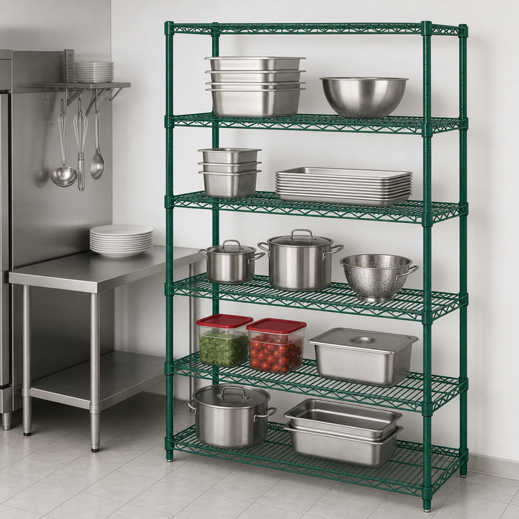 Product image #3 for Quantum 5-Shelf Wire Shelving Starter Kit, 36-Inch W x 12-Inch D x 86-Inch H, Green Epoxy Antimicrobial Finish
