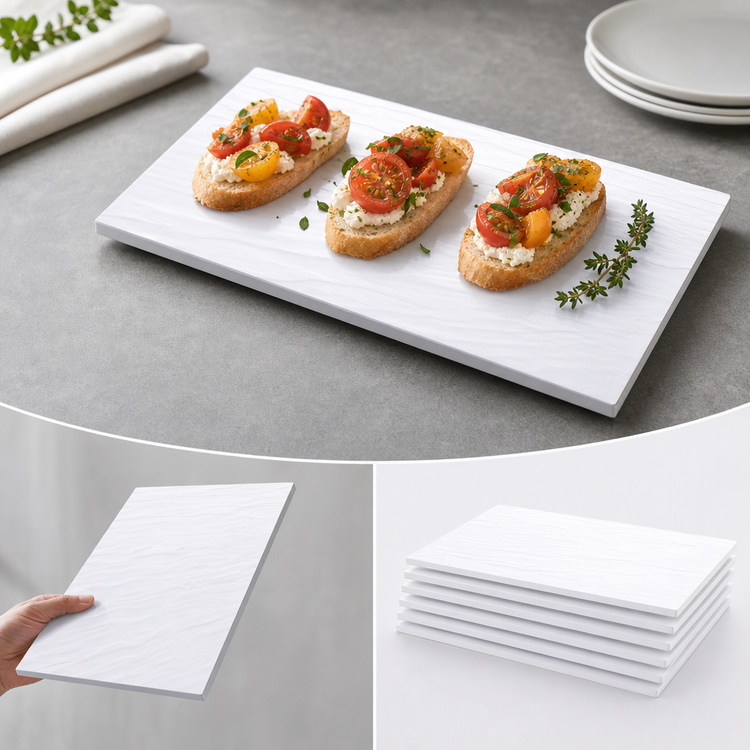 Product image #3 for American Metalcraft 14-3/4-Inch x 8-1/4-Inch Rectangular Melamine Faux Slate Serving Platter, White