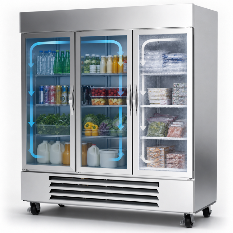 Product image #4 for Beverage Air Horizon Series Dual Temperature 3-Section Glass Door Reach-In Refrigerator/Freezer, Bottom-Mount, Self-Contained