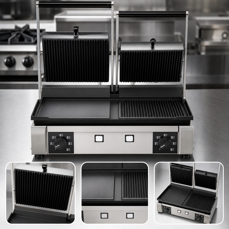 Product image #3 for Trento Commercial Countertop Double Panini Grill with Ribbed Top and 1/2 Smooth 1/2 Ribbed Bottom, 10 x 19 Inch Surface, 220V
