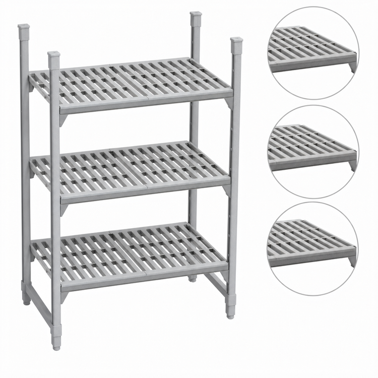 Product image #4 for Cambro Camshelving Premium 21" x 42" 4-Shelf Vented Polymer Shelf Kit, Speckled Gray
