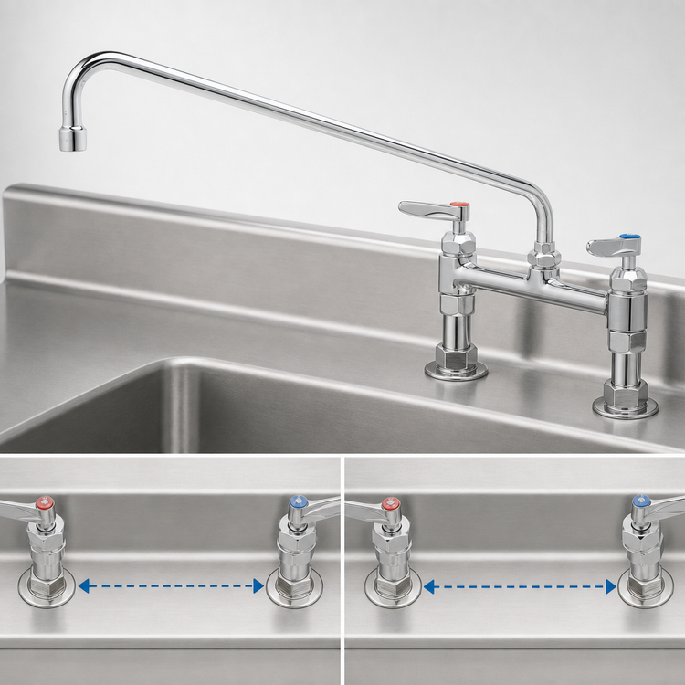 Product image #3 for T&S Brass Double Pantry Deck-Mount Mixing Faucet with 8-Inch Adjustable Centers and 18-Inch Swing Nozzle