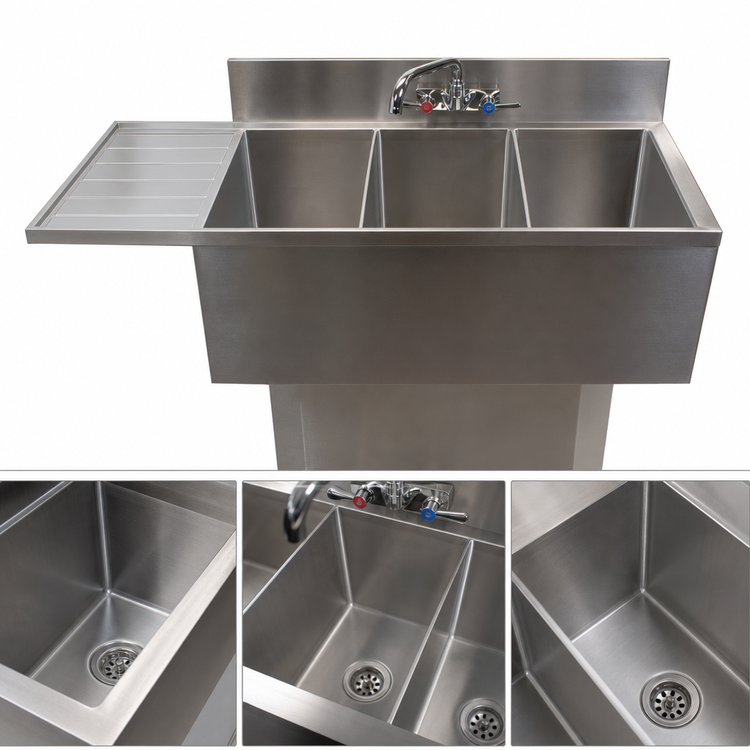 Product image #4 for BK Resources Slim-Line 3-Compartment Stainless Steel Underbar Sink with Left Drainboard and Pedestal Base, 48-Inch