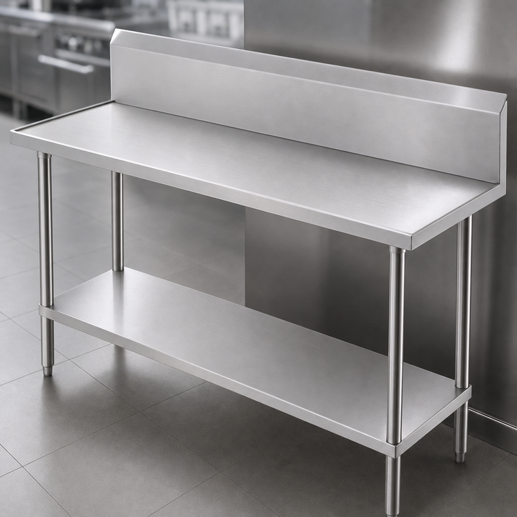 Product image #3 for Advance Tabco VKG-240 30 x 24 Inch 14 Gauge 304 Stainless Steel Corner Work Table with 10 Inch Backsplash and Adjustable Undershelf