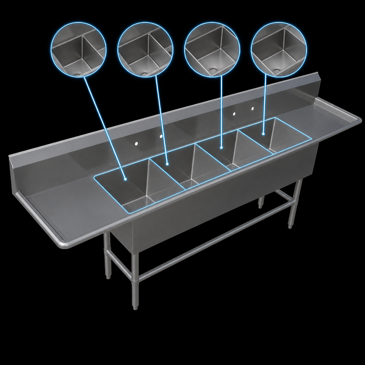 Product image #3 for John Boos Pro-Bowl 4-Compartment Stainless Steel Sink with Dual 24-Inch Drainboards, 18" x 24" x 12" Bowls