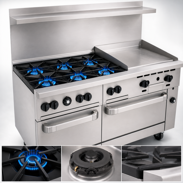 Product image #3 for Vulcan Endurance 60-Inch Gas Restaurant Range with 6 Burners, 24-Inch Manual Griddle, and 2 Standard Ovens
