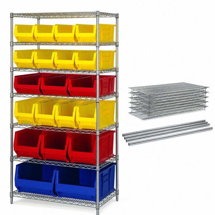 Product image #3 for Quantum 36 x 24 x 74 Inch Chrome Plated Stationary Bin Wire Shelving System with 7 Shelves