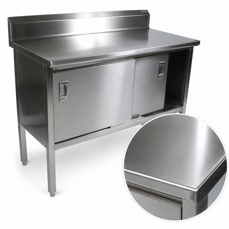 Product image #3 for John Boos Enclosed Work Table with Sliding Door Cabinet Base, 132-Inch x 30-Inch, 14-Gauge 300-Series Stainless Steel Top, 5-Inch Backsplash