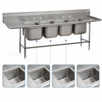 Thumbnail image #3 for Advance Tabco Regaline 94-84-80-24RL 4-Compartment Stainless Steel Sink with Left & Right Drainboards, 14-Gauge, 129 1/2-Inch