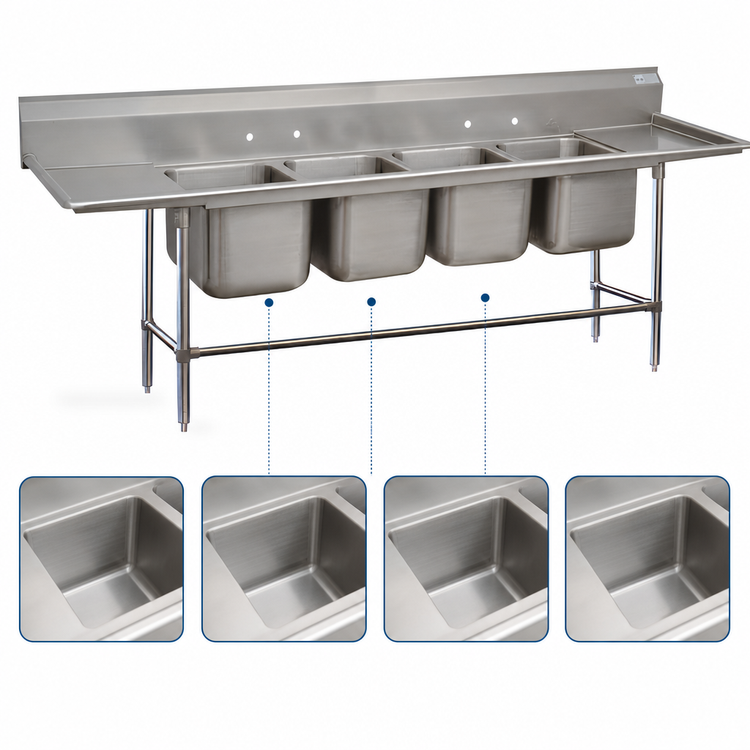 Product image #3 for Advance Tabco Regaline 4-Compartment Stainless Steel Sink with Left and Right Drainboards, 129 1/2-Inch