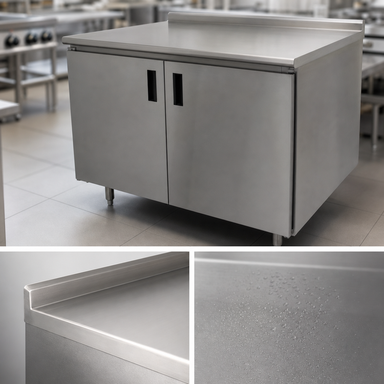 Product image #3 for Advance Tabco 96-Inch x 36-Inch Enclosed Stainless Steel Work Table with Cabinet Base, Hinged Doors, 14-Gauge 304 Top and 1-1/2-Inch Rear Up-Turn
