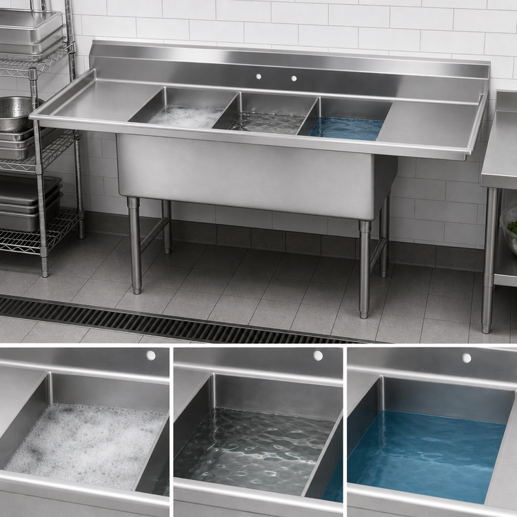 Product image #3 for Advance Tabco 3-Compartment Fabricated Sink with 24-Inch Left and Right Drainboards, 30-Inch x 30-Inch x 14-Inch Deep Bowls