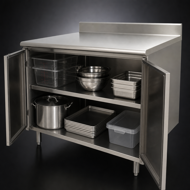 Product image #3 for Advance Tabco HK-SS-3010M Enclosed Work Table with Cabinet Base, Mid-Shelf, Hinged Doors, and 5-Inch Backsplash