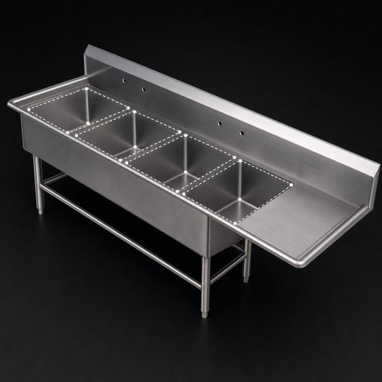 Product image #3 for John Boos Pro-Bowl 4-Compartment Stainless Steel Sink with Right-Hand Drainboard, 30 x 24 x 14-Inch Bowls
