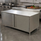 Thumbnail image #3 for BK Resources CSTR5-3672HL Stainless Steel Enclosed Work Table, Cabinet Base, Hinged Locking Doors, 72 x 36 in, 14-Gauge Top, 5-in Back Riser