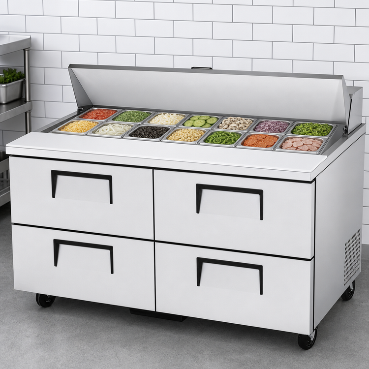 Product image #3 for True 60-Inch Two-Section Sandwich/Salad Prep Table with 4 Drawers and 16-Pan Top