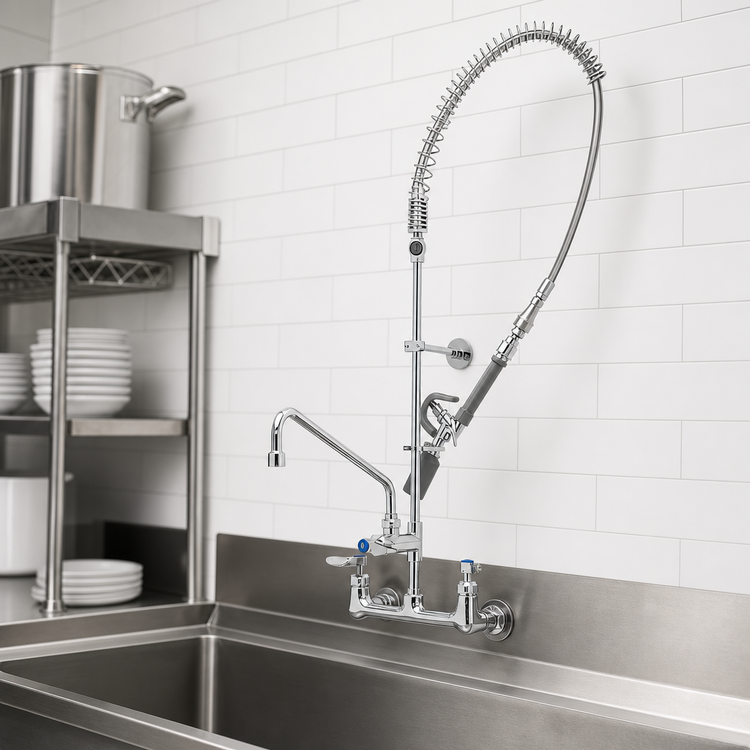 Product image #3 for T&S Brass EasyInstall 8-Inch Wall Mount Add-On Faucet Pre-Rinse Unit with 14-Inch Swing Nozzle and 1.07 GPM Spray Valve