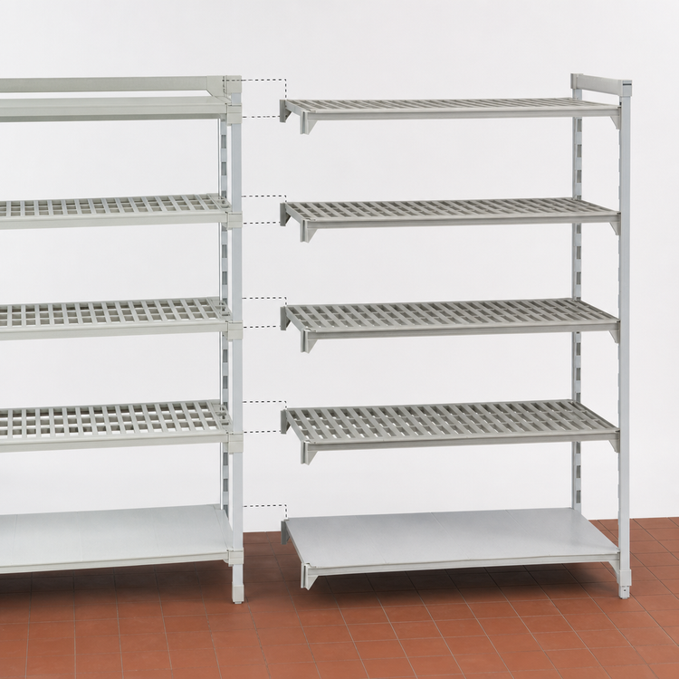 Product image #4 for Cambro Camshelving Premium 24"D x 60"L x 84"H 5-Tier Stationary Add-On Polymer Shelving Unit, Vented and Solid, Speckled Gray