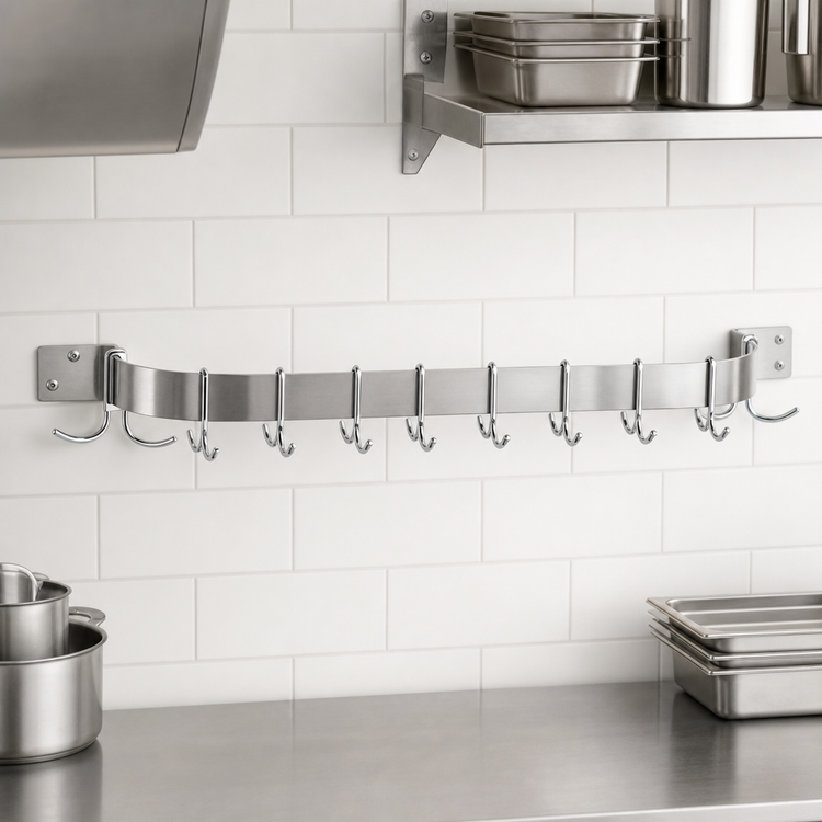 Product image #3 for Advance Tabco Special Value Series Wall-Mounted Single-Bar Stainless Steel Pot Rack, 96 Inch, with 9 Double Hooks