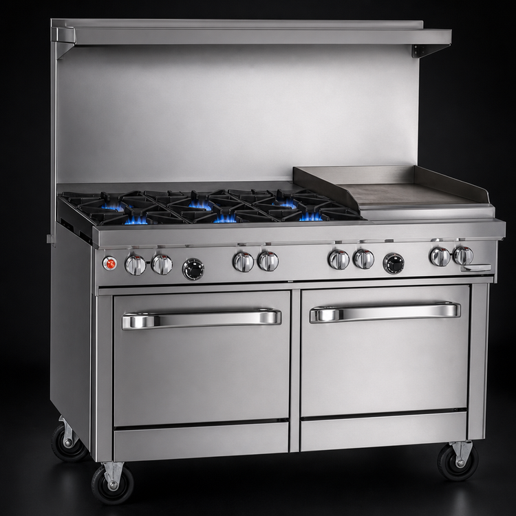 Product image #3 for Southbend Ultimate 48-Inch Gas Restaurant Range with 4 Non-Clog Burners, 24-Inch Thermostatic Griddle, and 2 Space Saver Ovens