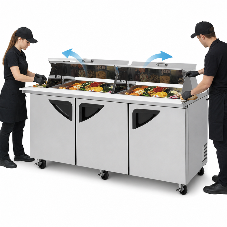 Product image #3 for Turbo Air Super Deluxe 72-5/8-Inch Three-Section Sandwich/Salad Mega Top Prep Table with Dual-Sided Lids