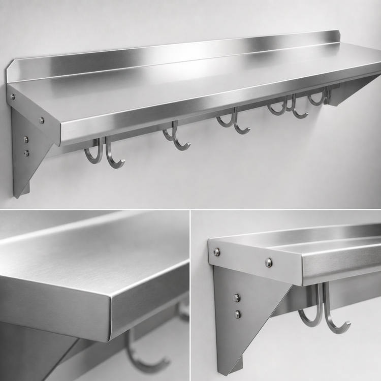 Product image #3 for John Boos Stallion 24-Inch Stainless Steel Wall Shelf with Pot Rack and 2 Hooks