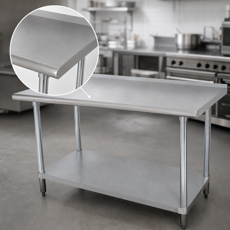 Product image #3 for Advance Tabco 84-Inch x 36-Inch 14-Gauge 304 Stainless Steel Work Table with Rear Up-Turn and Adjustable Undershelf