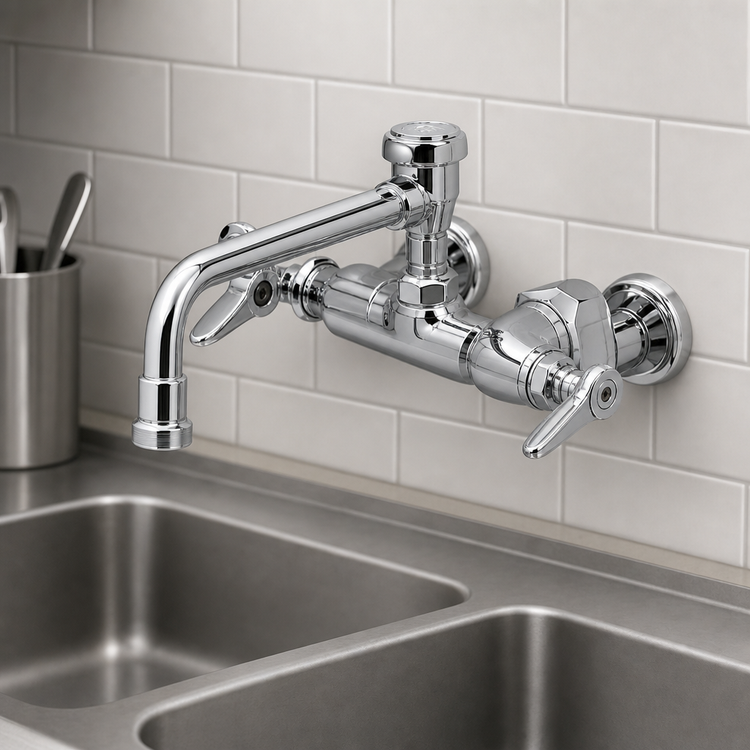 Product image #3 for T&S Brass Wall-Mount Double Pantry Mixing Faucet with Vacuum Breaker Swing Nozzle, Polished Chrome
