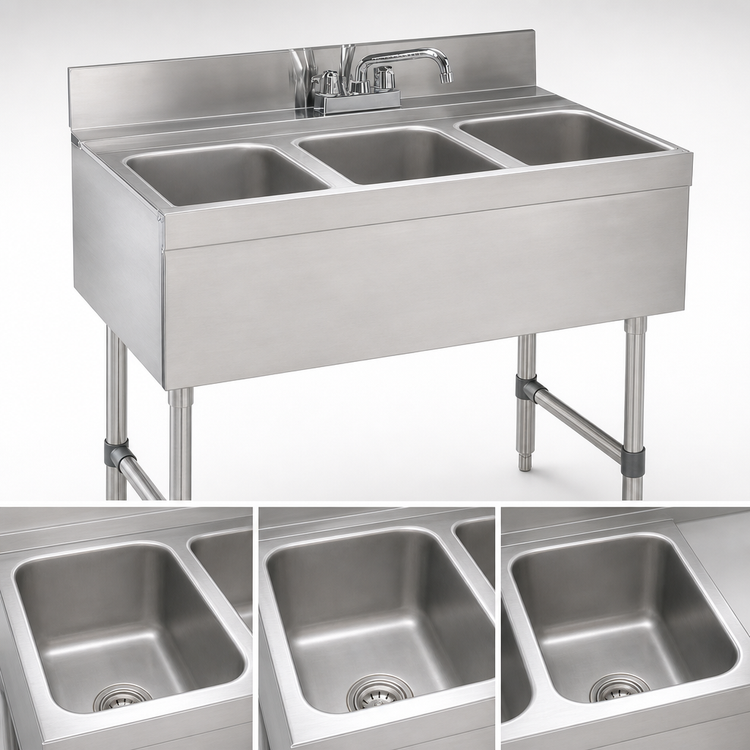 Product image #3 for Advance Tabco Underbar Basics 3-Compartment Stainless Steel Bar Sink Unit with Deck-Mount Faucet, 36 x 21 x 33 Inches