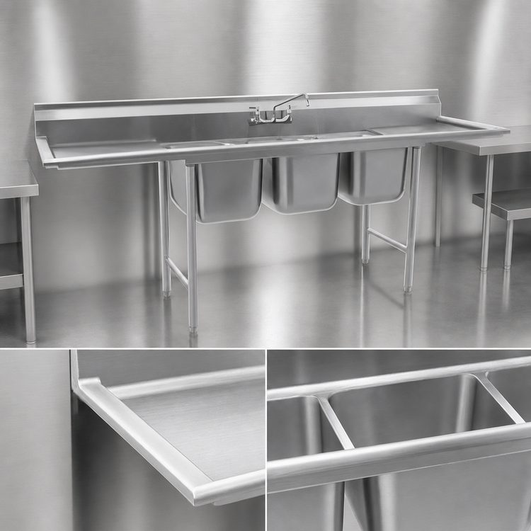 Product image #3 for Eagle Group 314 Series Three-Compartment Sink with Left and Right 18-Inch Drainboards, 304 Stainless Steel, 90 Inch W x 27-1/2 Inch D