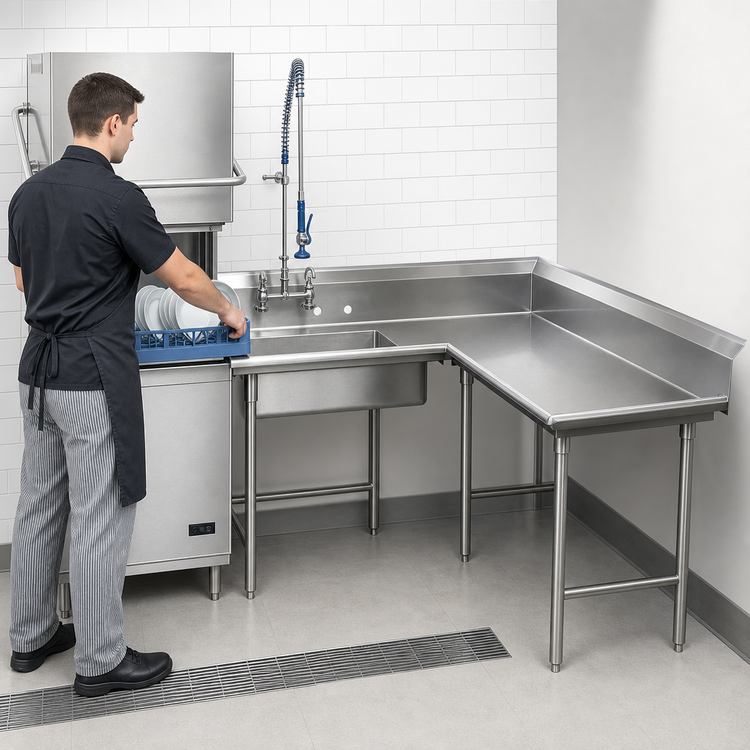 Product image #3 for Advance Tabco Korner Soil Right-Hand L-Shaped Dishtable with Pre-Rinse Sink, 47 Inch, 14 Gauge 304 Stainless Steel
