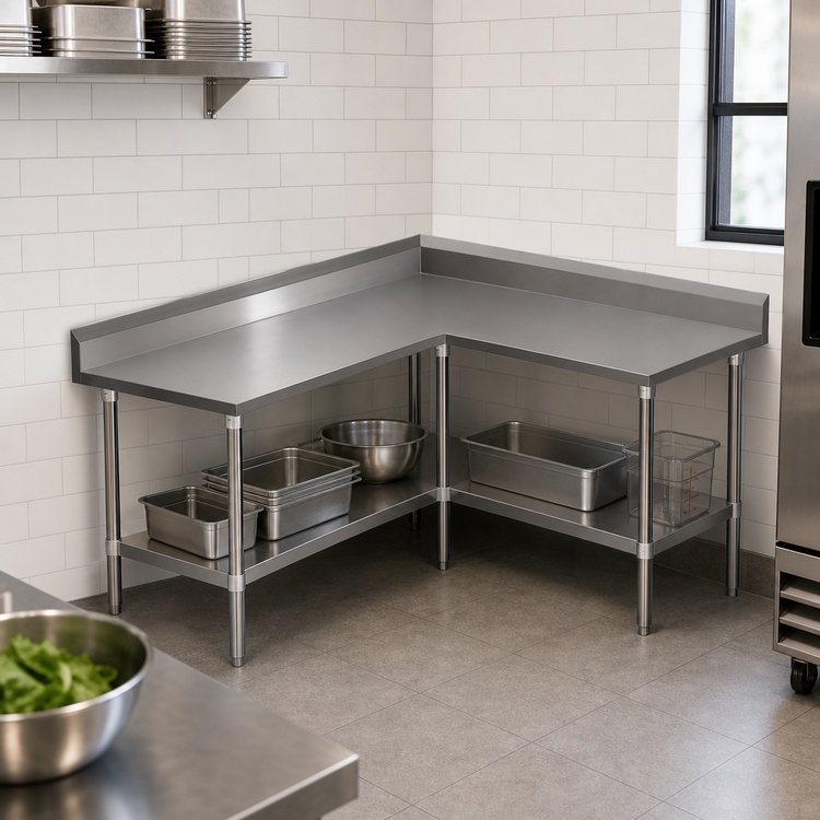 Product image #3 for John Boos L-Shaped Stainless Steel Corner Work Table with 5-Inch Backsplash, 60 x 60 x 40-3/4 Inches