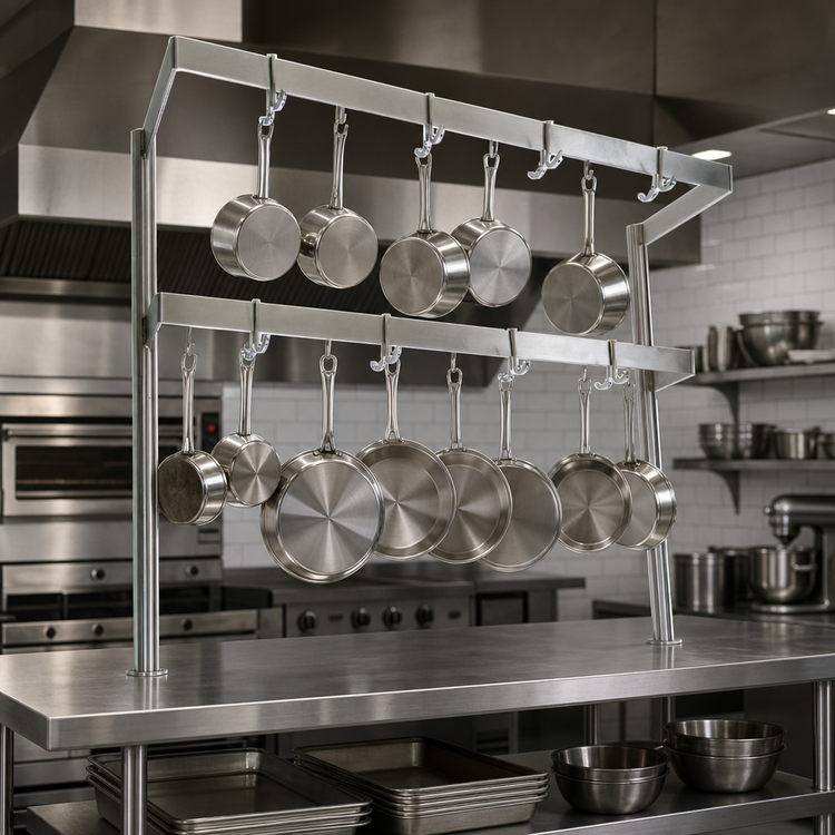 Product image #3 for John Boos PRD5 Table-Mounted Double-Bar Stainless Steel Pot Rack with 20 Double Hooks, 115-1/4"W x 13-5/8"D x 48"H
